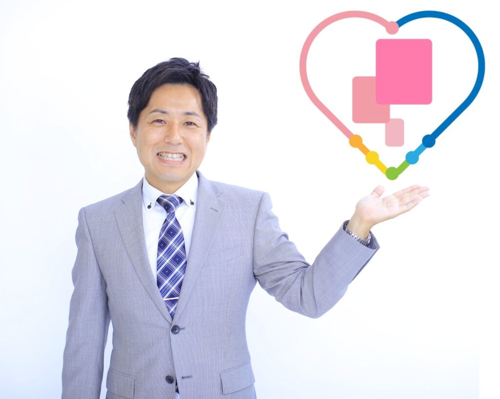 代表カウンセラー、左手の上にハッピーコネクトロゴ