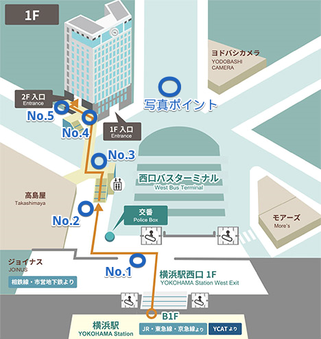 JR横浜駅西口から地上を通って横浜ベイシェラトンに行くルート、青丸5か所、オリジナル写真ポイント