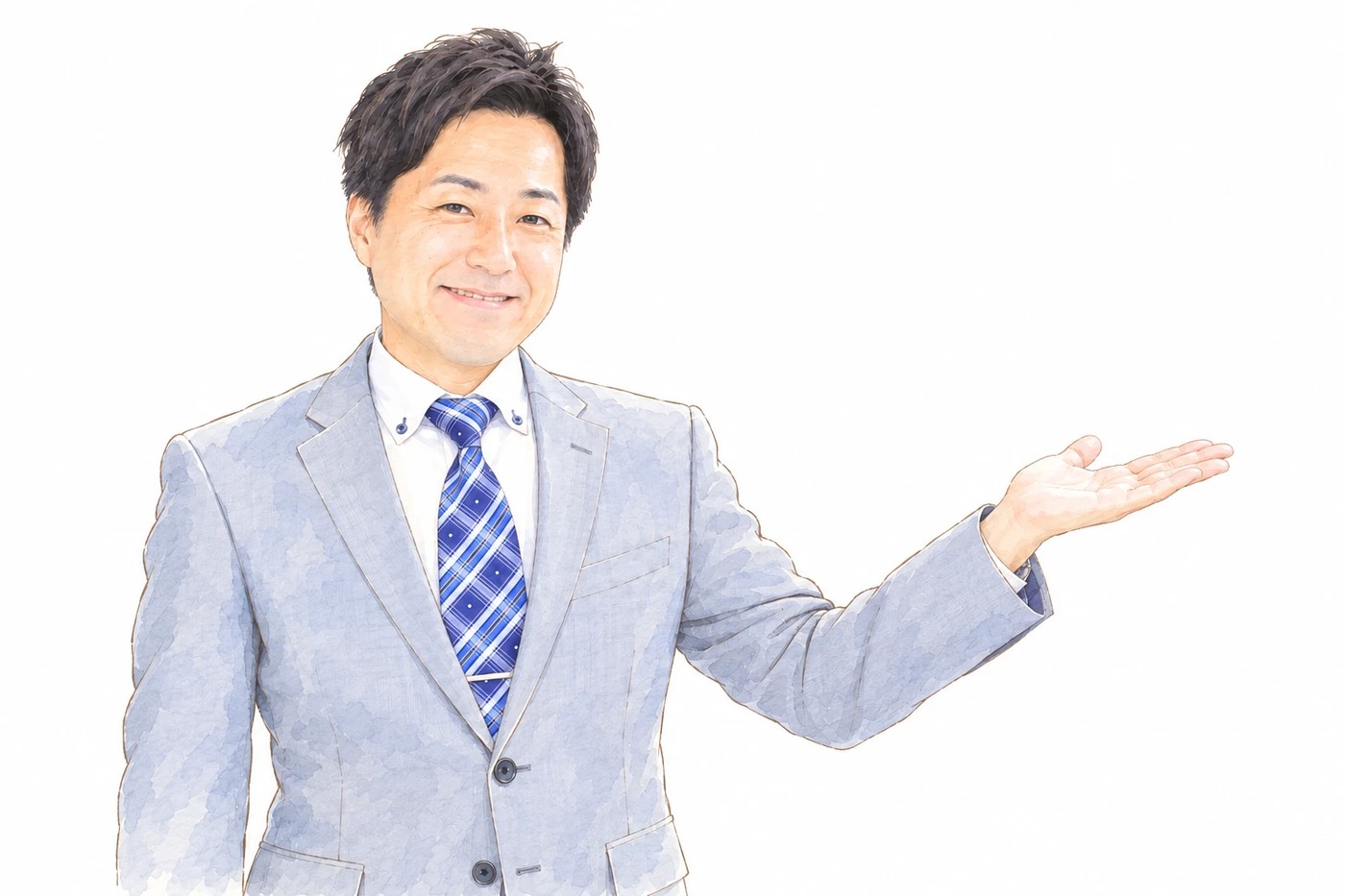 成婚カウンセラーの石井が、手のひらで右を案内している水彩のイラスト